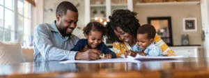 a family joyfully signing paperwork with a real estate agent after accepting a cash offer to avoid foreclosure and regain financial freedom.