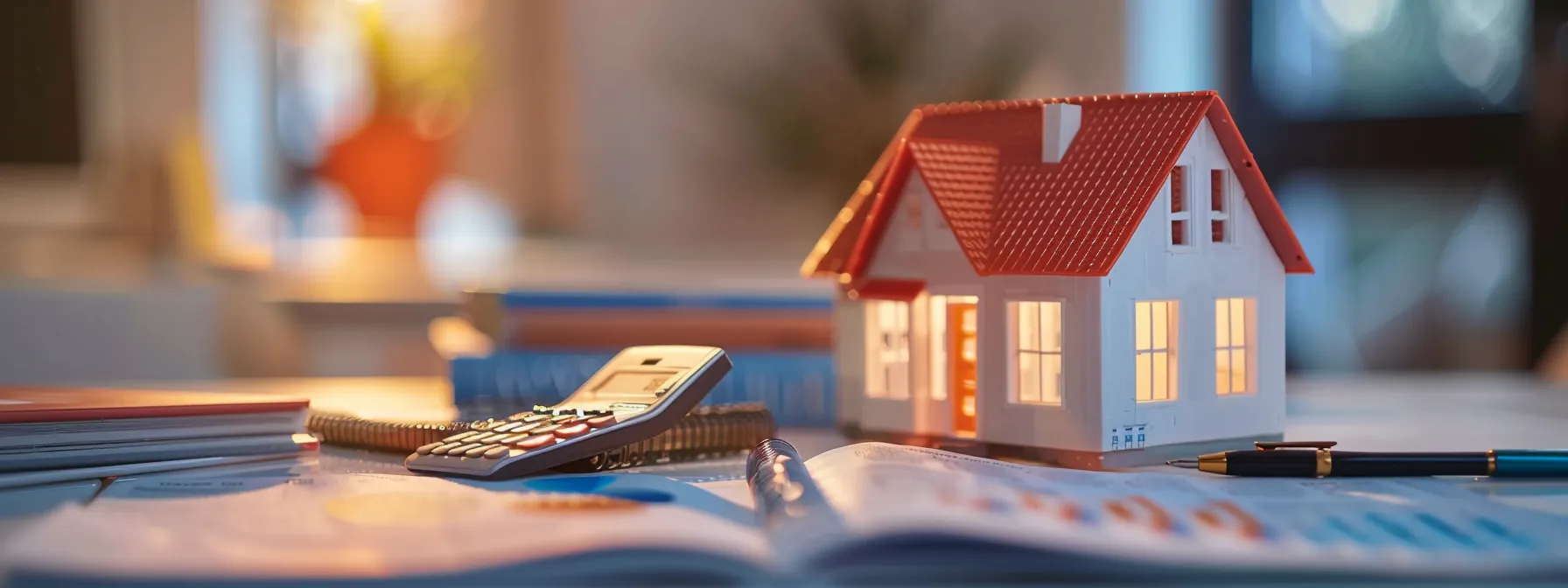 a young couple researching property listings online with a notebook and calculator, surrounded by real estate books and charts.